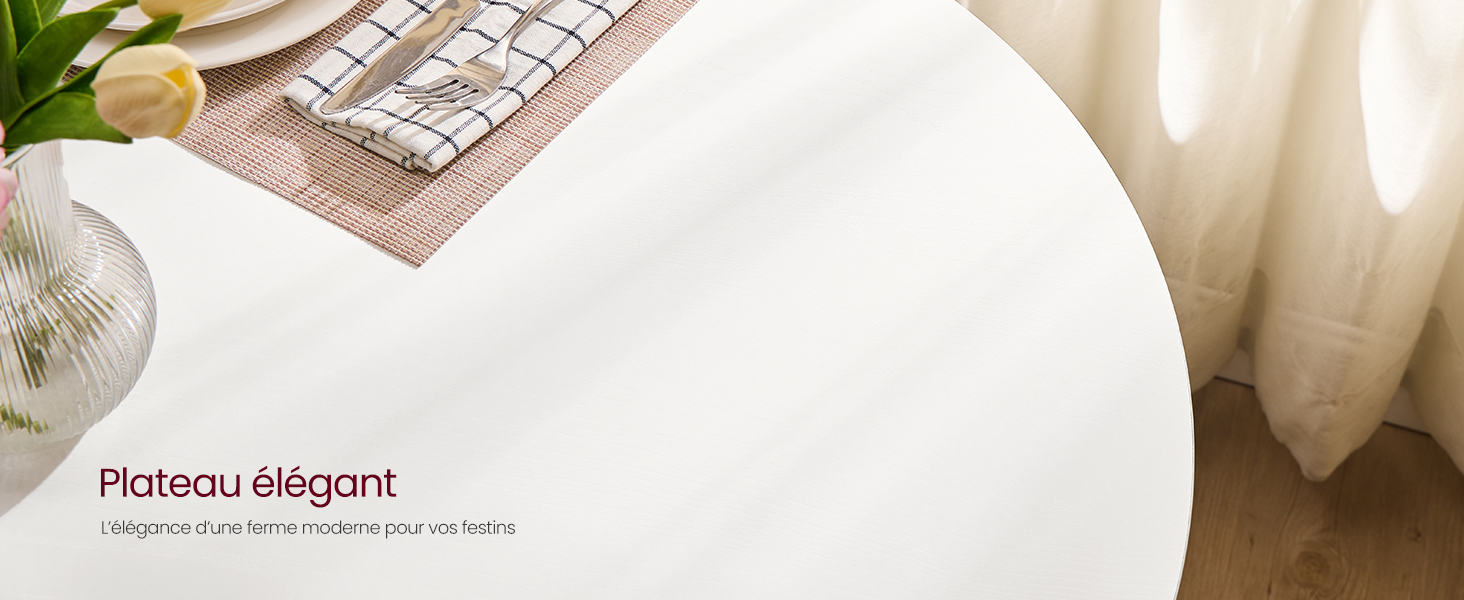 Table ou plateau circulaire blanc aux bords arrondis. Partiellement visible, montrant un coin avec une plante, un vase en verre et du tissu plié ou des serviettes sur le dessus