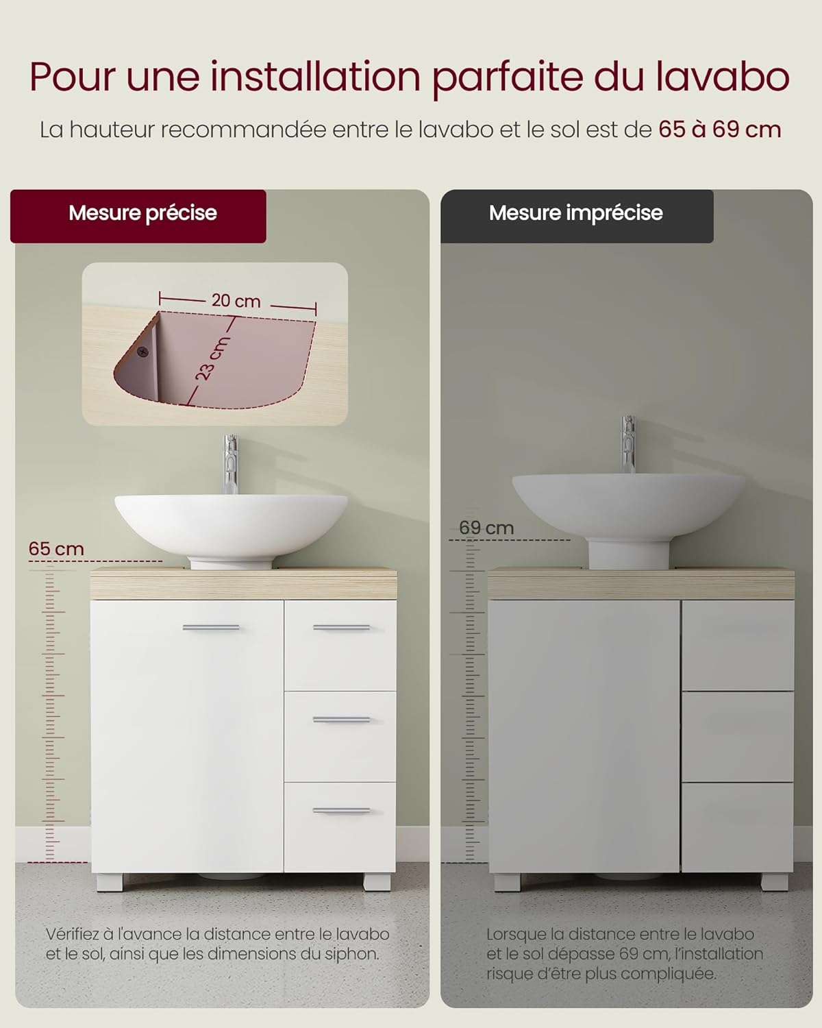 VASAGLE - meuble sous lavabo série BBK514LL01 - 30x60x64 cm, 3 tiroirs, 2 compartiments