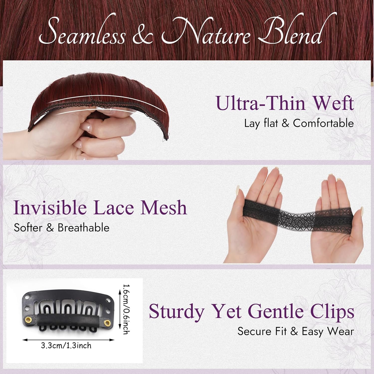 BARSDAR - Extensions à clips série ondulée - 50cm - Rouge Auburn foncé, 5pcs synthétique naturel