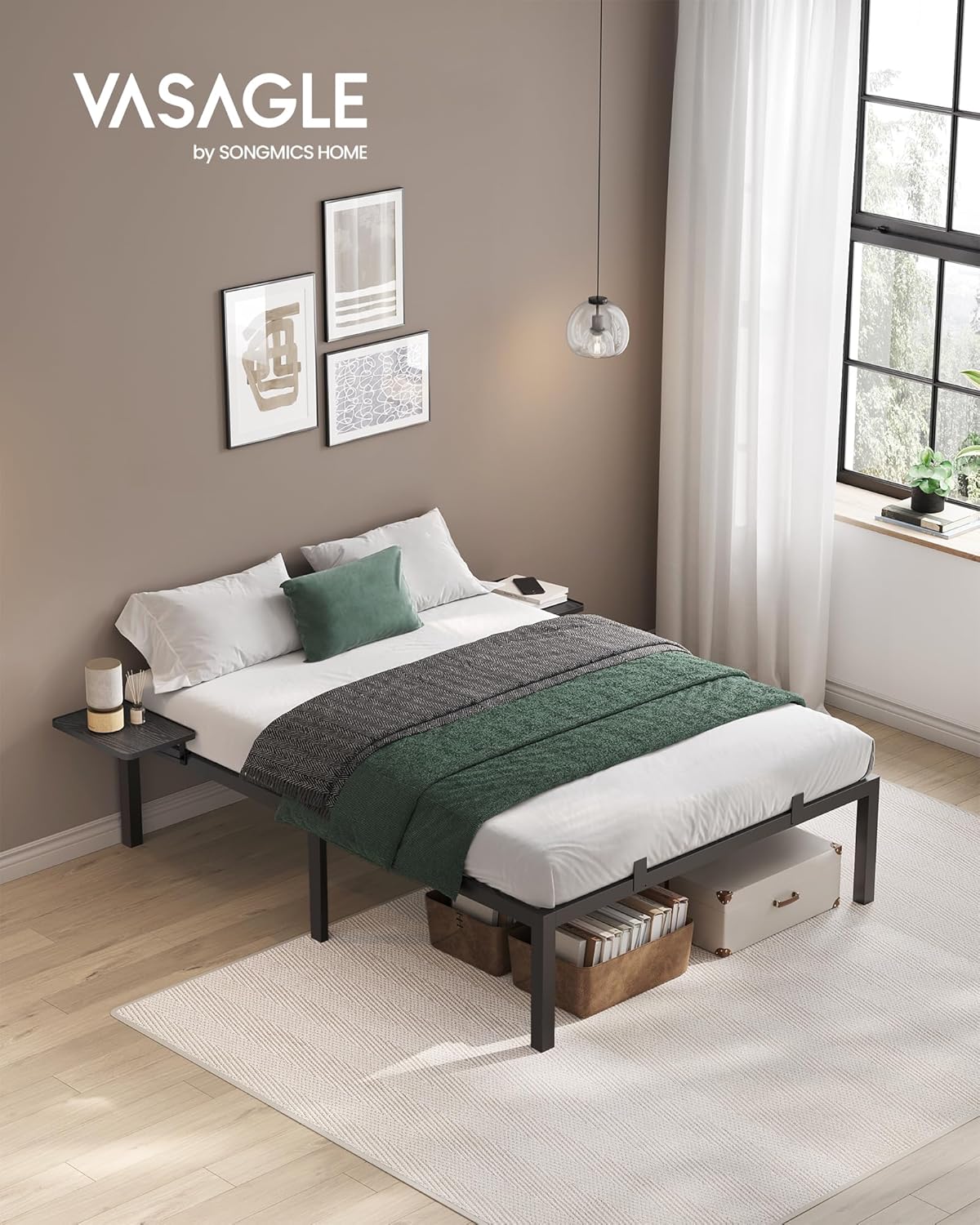 VASAGLE - cadre de lit avec sommier - 140x190 cm - métal, étagères, tête de lit - RMB093B01V1