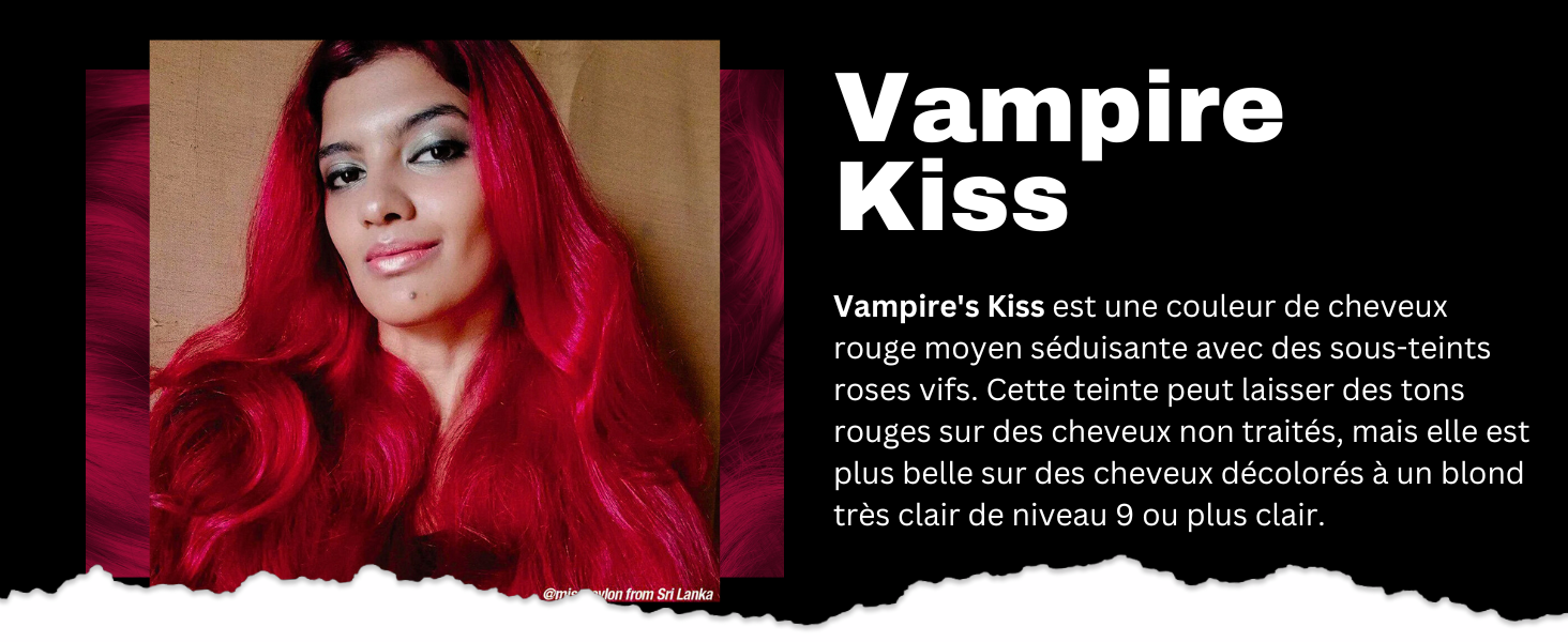 mettant en vedette des cheveux roux éclatants. Le texte décrit « Vampire Kiss » comme une couleur de cheveux rouge moyen avec des nuances de rose vif, adaptée à différents types