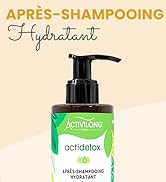 dans un flacon pompe noir avec étiquette verte, texte français « Après-Shampooing Hydratant