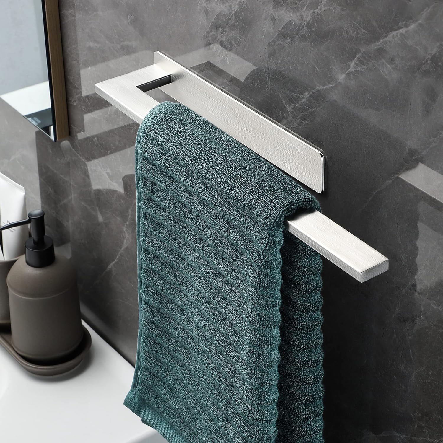 Porte-serviettes mural 304 inox, bras unique, adhésif, 34 cm, salle de bain, argent