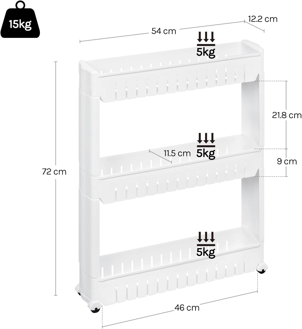 WOLTU - Étagère à roulettes 3 compartiments, compact, blanc