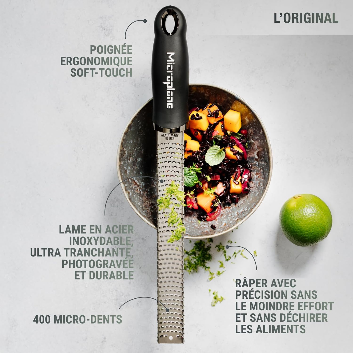 Microplane - Râpe zesteur Classic - lame fine inox - usage agrumes, fromage, gingembre, chocolat, noix