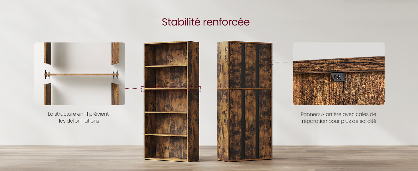 présentant différentes vues d'étagères renforcées avec finition vieillie et de portes de style vintage