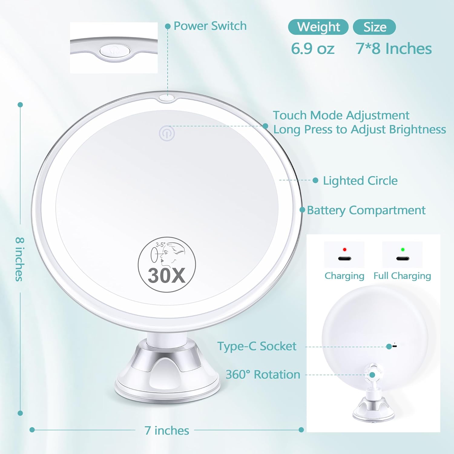 MIYADIVA - miroir grossissant 30x - 1500mAh - LED, 3 modes, ventouse, rotatif