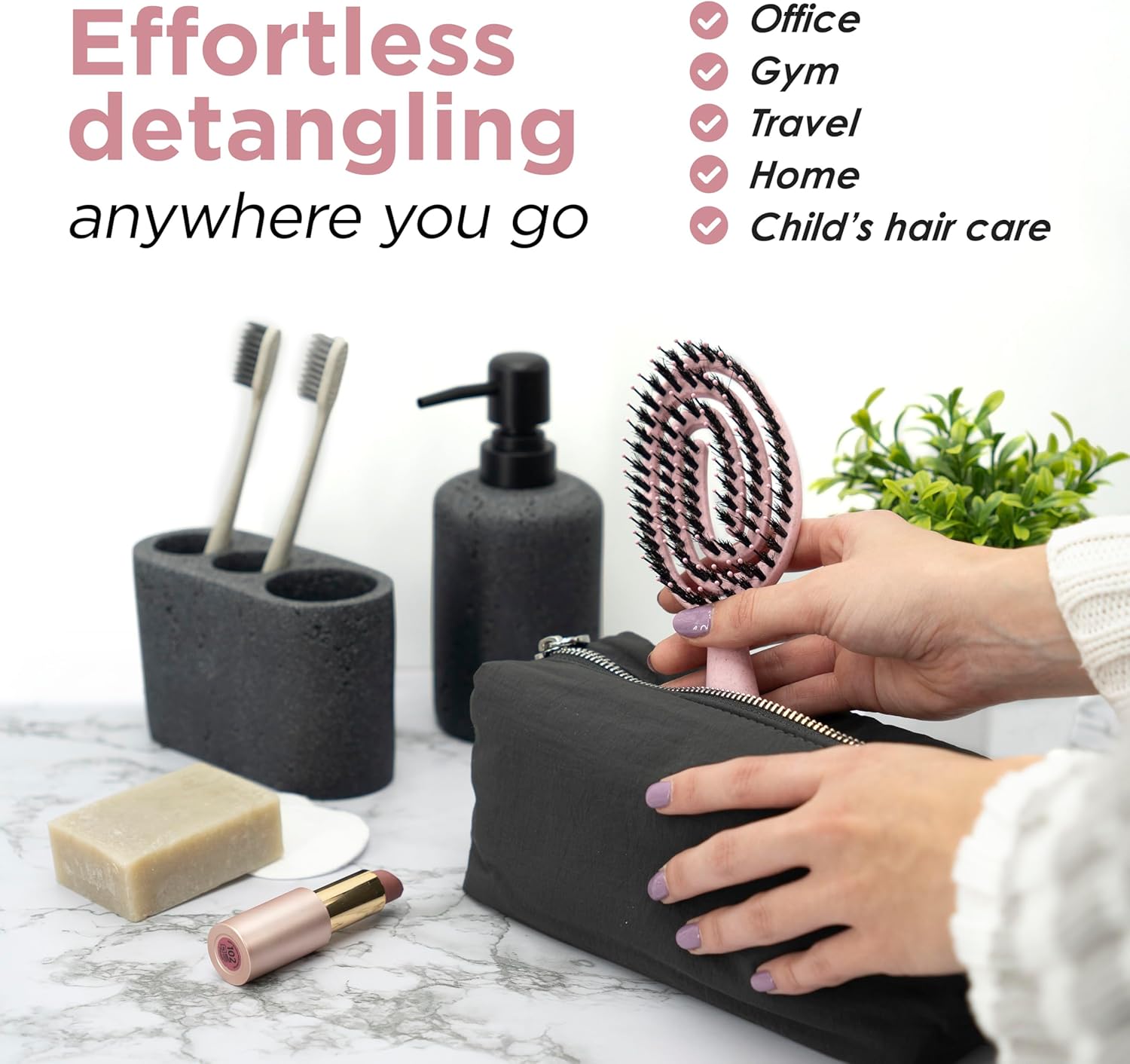 FABCARE - Mini brosse cheveux, poils sanglier, double ressort, compacte, rose