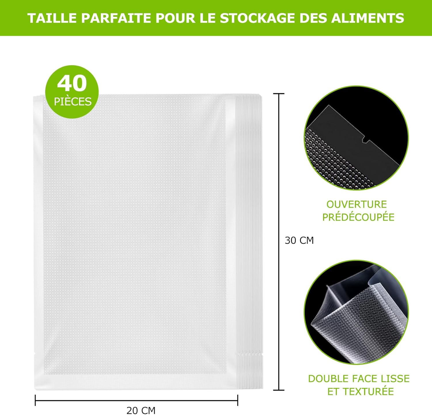 Bonsenkitchen - sacs sous vide VB32 - 20x30 cm - 40 sachets sans BPA