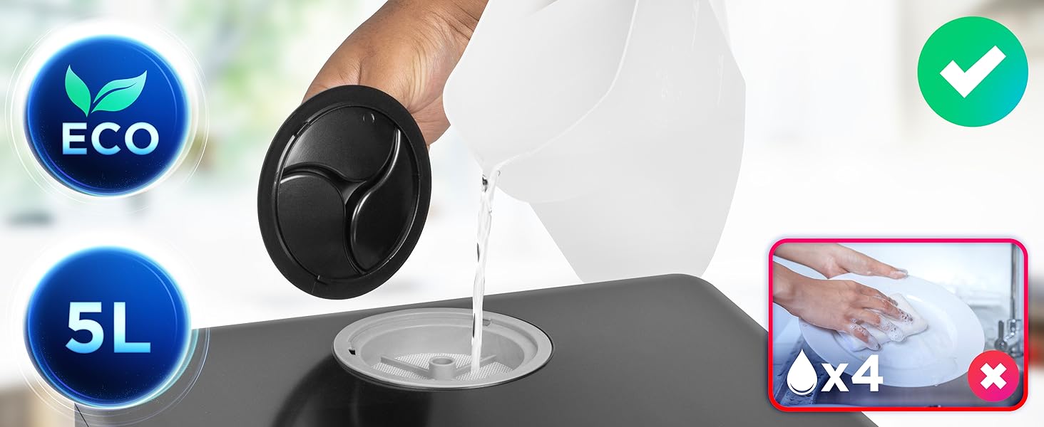 Démonstration d'un distributeur d'eau circulaire noir d'une capacité de 5 litres. Comprend une icône écologique, de l'eau versée dans un récipient et une illustration du lavage des mains.