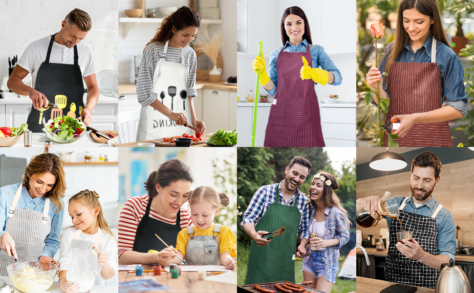 Collage de huit images montrant des personnes portant des tabliers pendant qu'elles cuisinent, nettoient et participent à des activités de cuisine