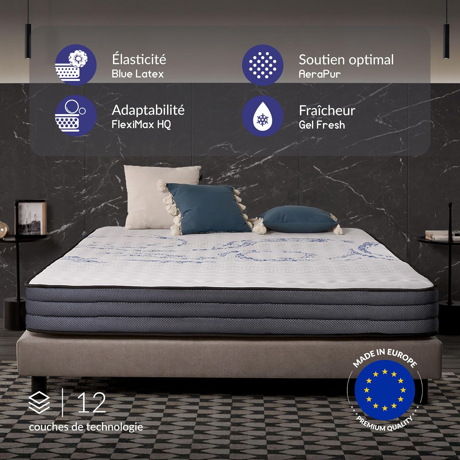 Matelas PerfectSleep - 140x190 cm - Mousse mémoire, 21 cm, 7 zones, réversible