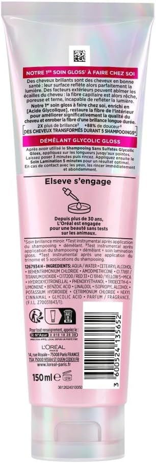 L'Oréal Paris - Elseve Glycolic Gloss - Routine cheveux ternes - sans sulfates - pack 3 soins