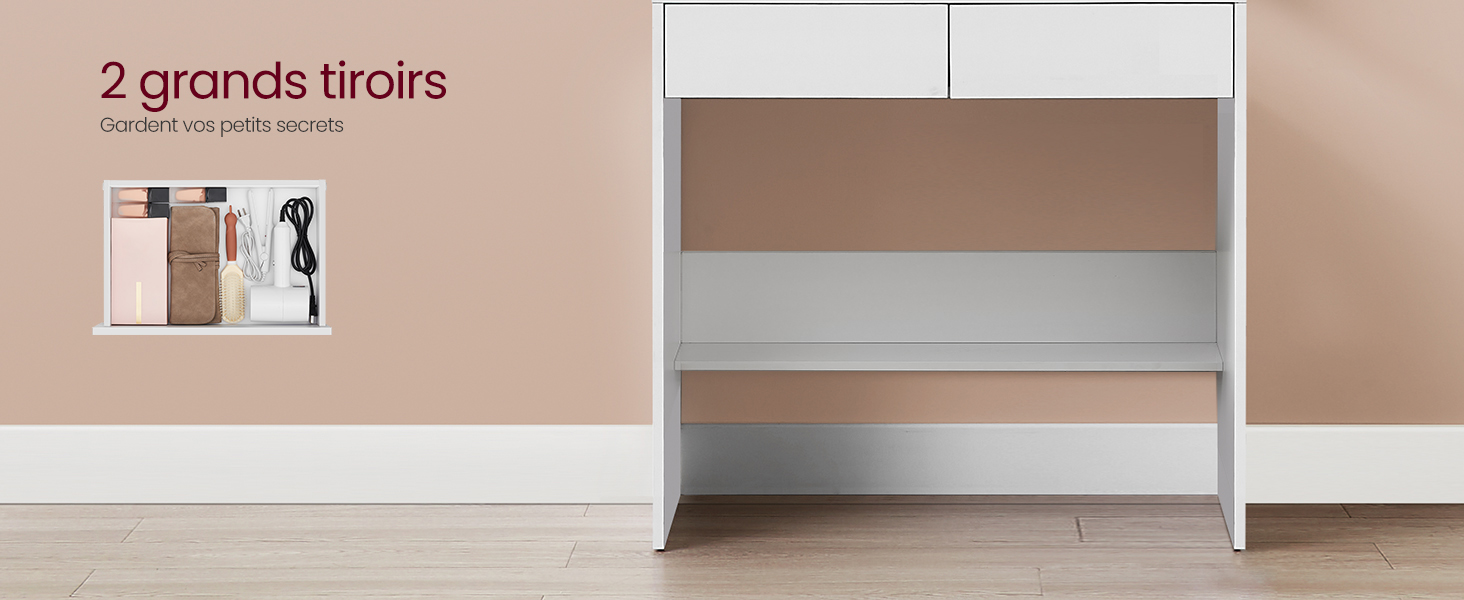 avec deux grands tiroirs et étagères ouvertes. Le texte « 2 grands tiroirs » est visible. Fond de mur beige.