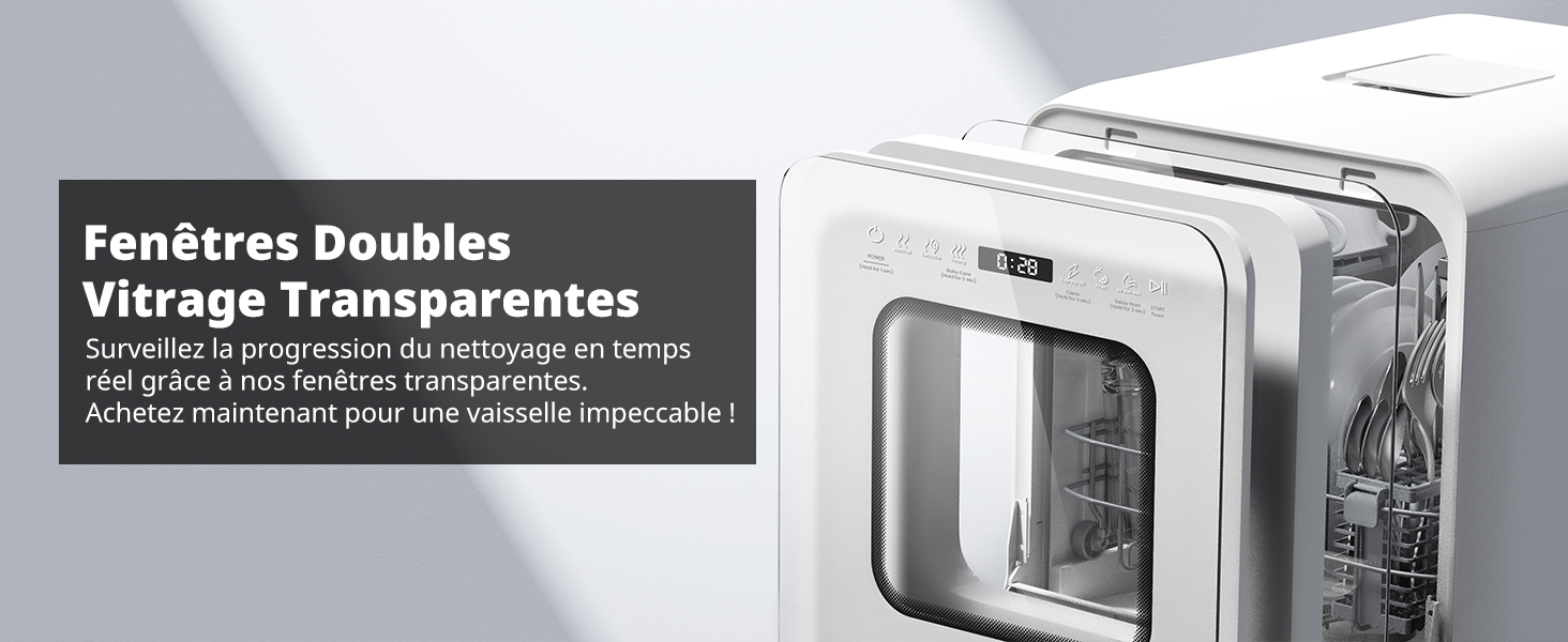 Appareil électroménager blanc avec double vitrage transparent et superposition de texte en français décrivant les caractéristiques de nettoyage