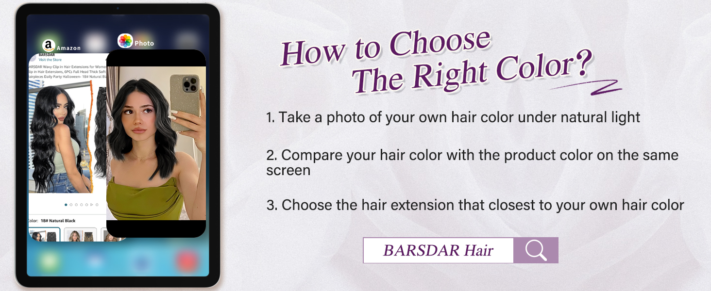 affichant l'interface de sélection de la couleur des cheveux. Instructions pour choisir des extensions de cheveux, y compris prendre une photo et comparer les couleurs. La barre de recherche pour « BARSDAR