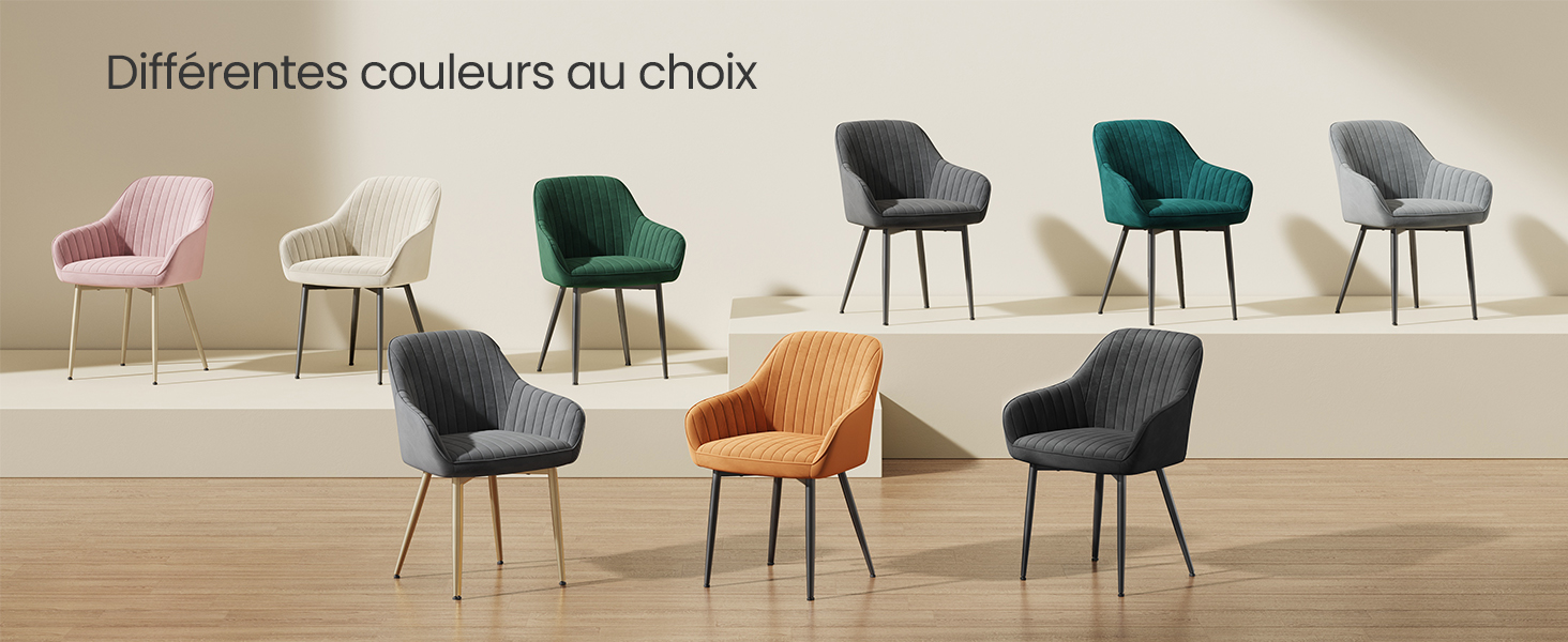 Collection de chaises de salle à manger modernes de différentes couleurs, dont le rose, le vert, le gris et la moutarde. Le texte en français indique les options de couleur disponibles.