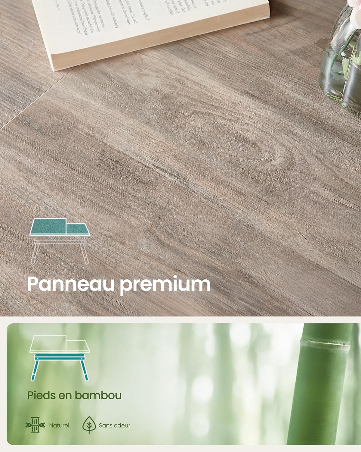 SONGMICS - Table de lit réglable, pliable, tiroir, bambou, 60x40cm - LLD105W01