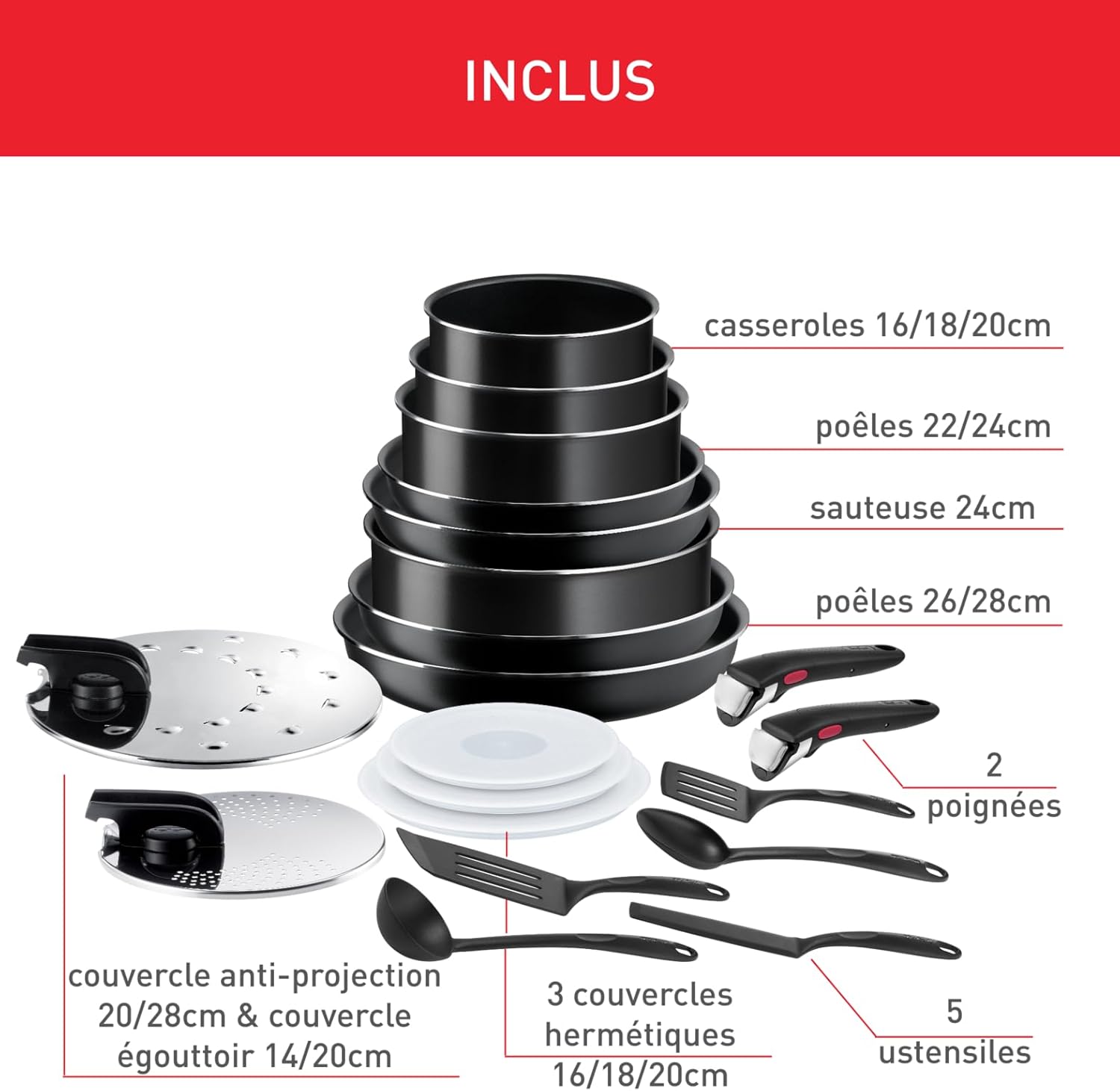 Tefal - Ingenio Easy On - batterie cuisine 20pcs, antiadhésif, lavable lave-vaisselle, non induction, L1599402