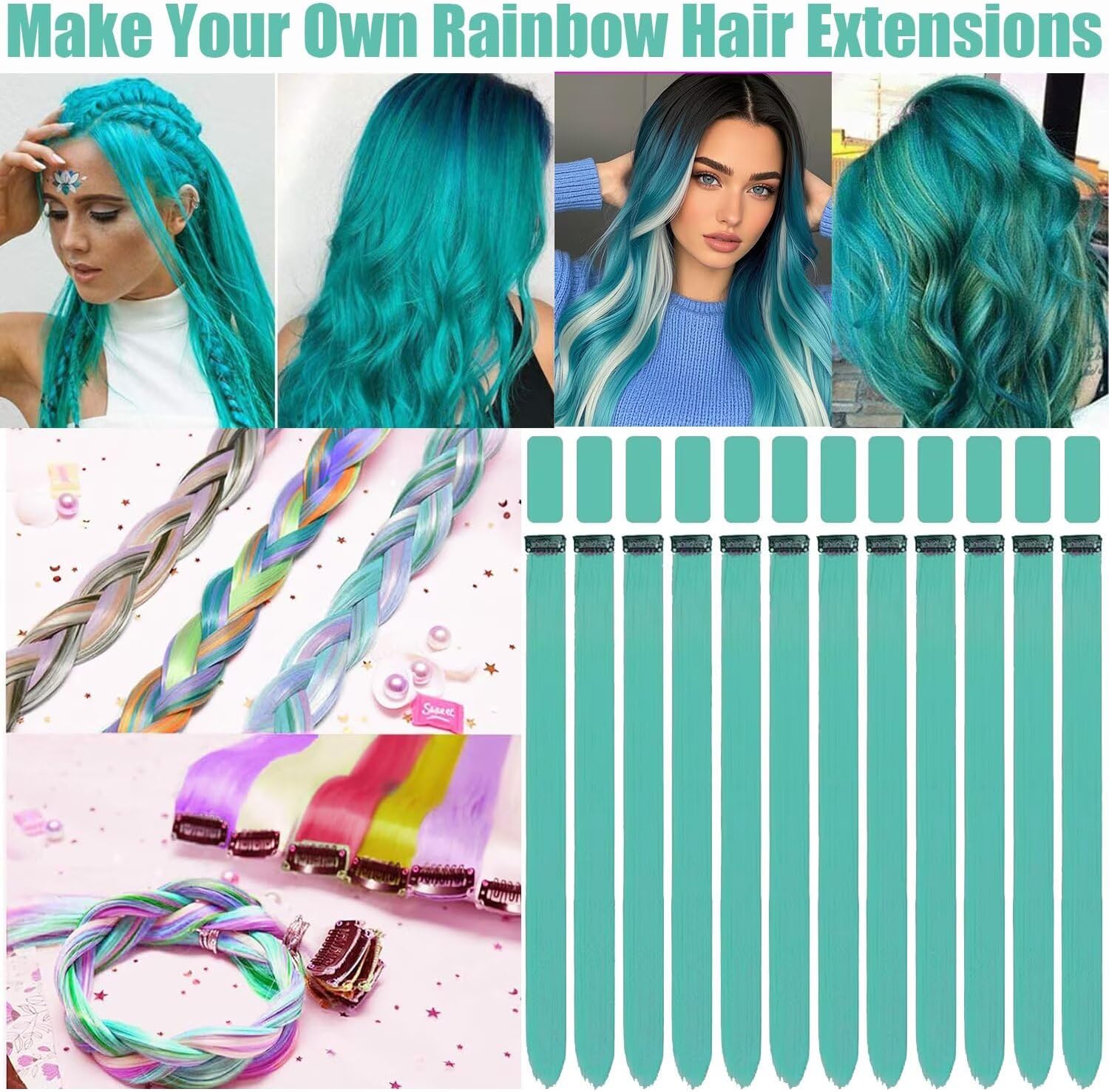 Mèches de cheveux - turquoise 55 cm - lot de 12, tresses enfants