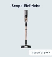 Le texte se lit comme suit : « Scope Elettriche » et « Scopri di più > ». Série d'aspirateurs sans fil présentés dans différentes positions démontrant leurs capacités de nettoyage.