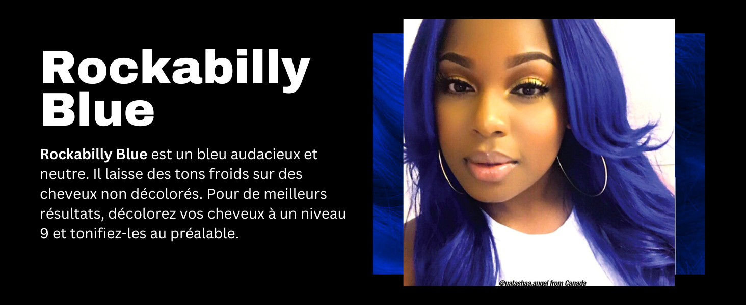 Produit de teinture pour cheveux bleu vif présenté sur un modèle aux cheveux bleus longs et fluides. Le texte indique « Rockabilly Blue » comme
