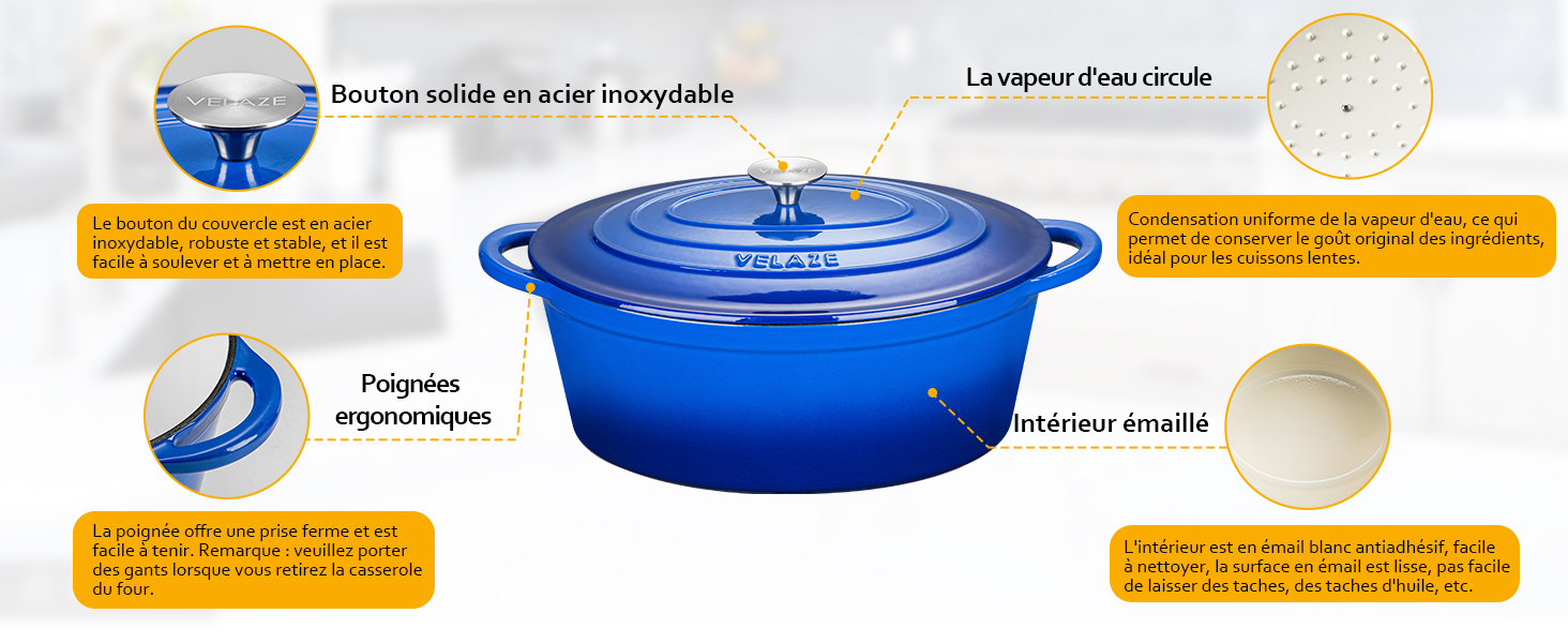 avec intérieur blanc. Les caractéristiques du produit mises en évidence incluent l'émail antiadhésif, les poignées ergonomiques et le couvercle autobadigeonnant.