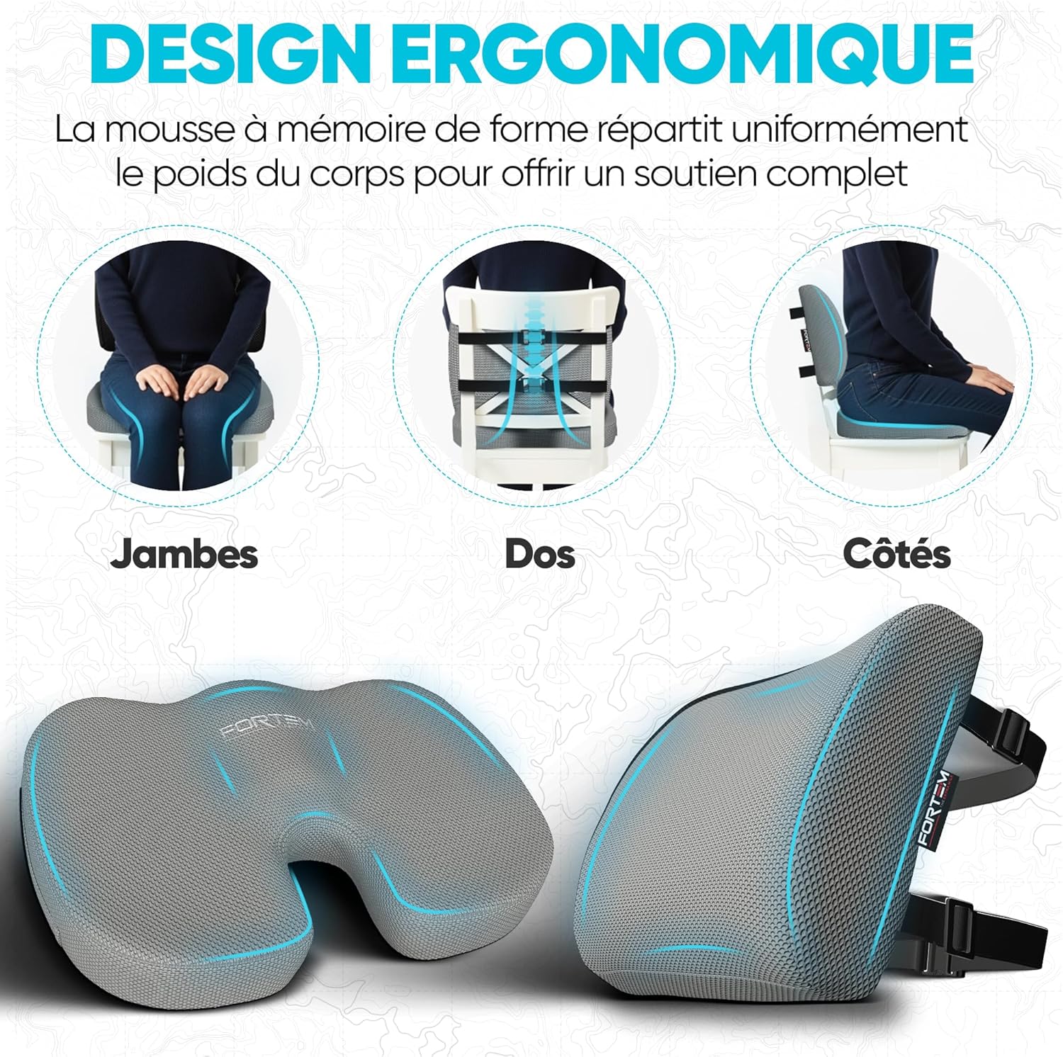 FORTEM – Coussin mémoire forme – soutien lombaire/assise – antidérapant, confort, chaise/auto