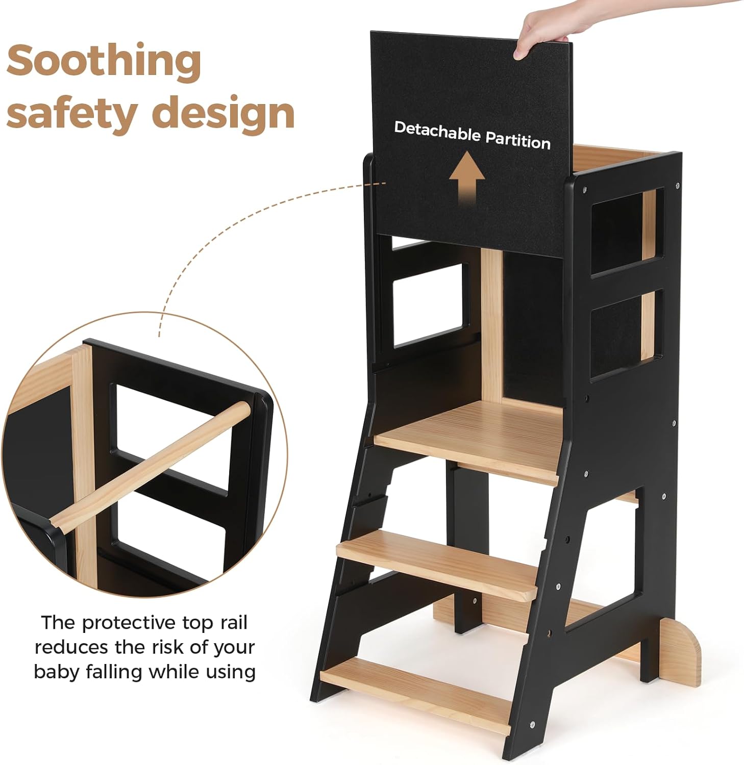 KIDINIX - Tour d'apprentissage Montessori - hauteur réglable, anti-basculement, bois/noir