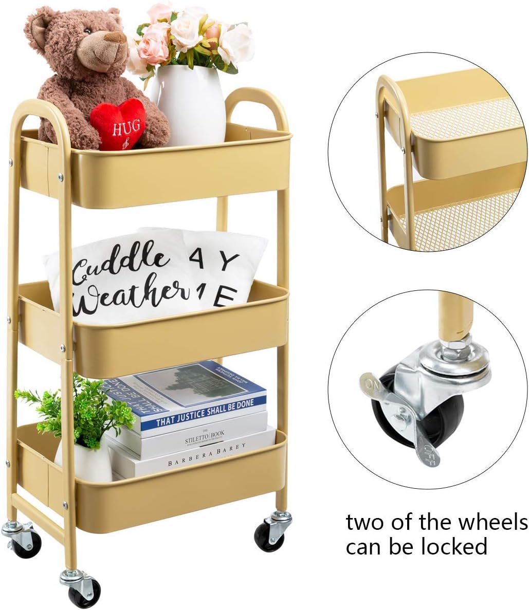 DOEWORKS - Chariot à roulettes 3 niveaux, métal, rangement cuisine, beige, compact