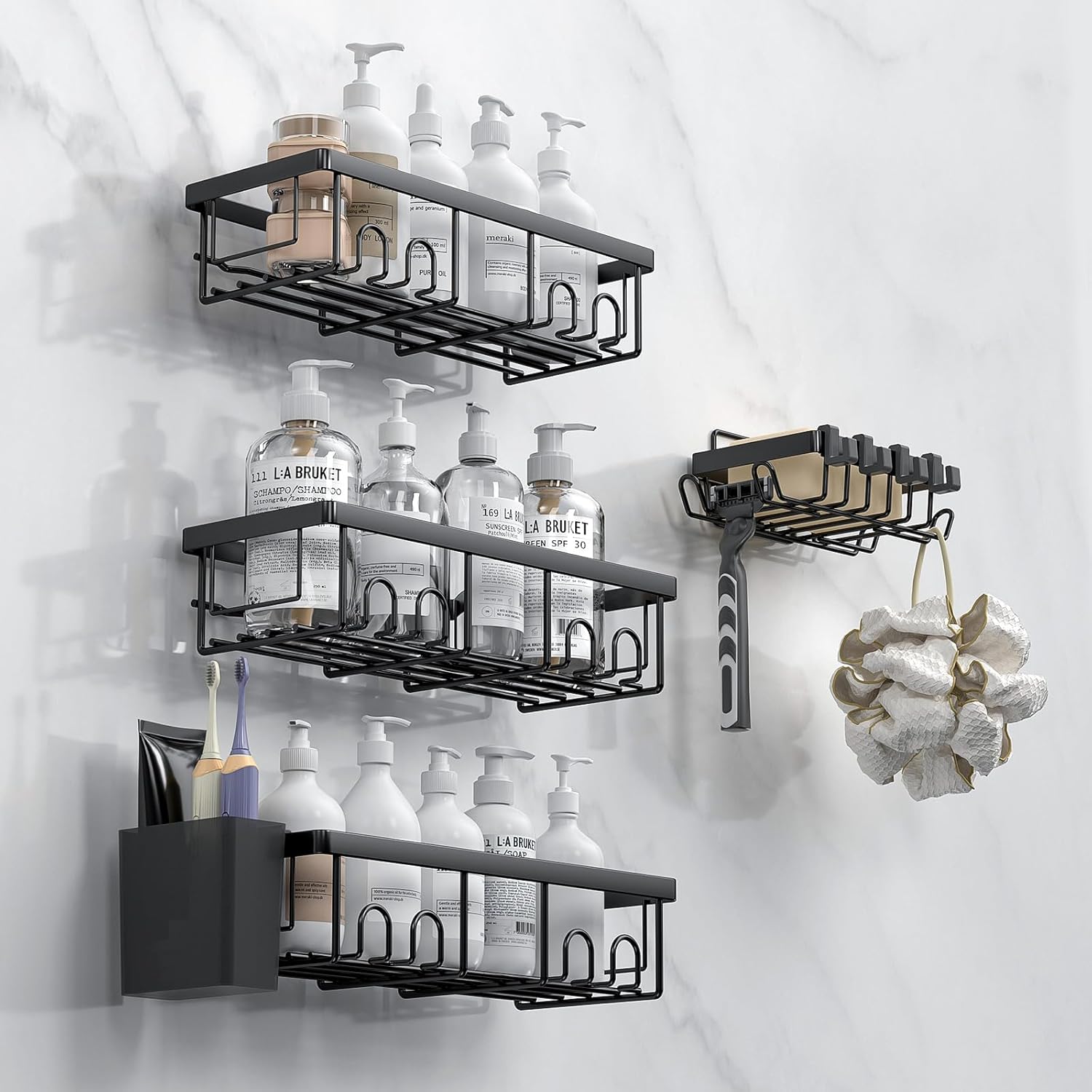 AceMining - lot de 4 étagères salle de bain, sans perçage, noir