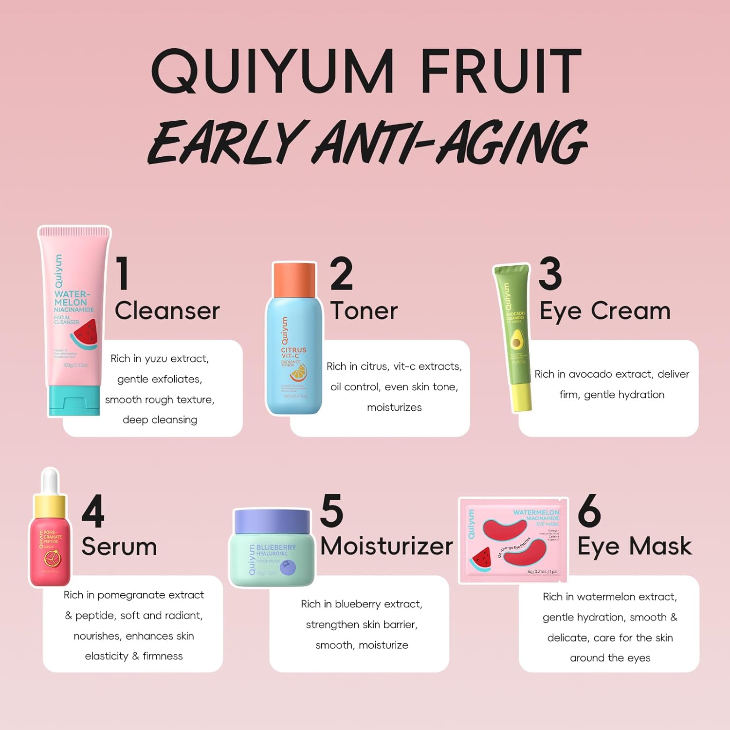 Kit de soins de la peau anti-âge - 6 pièces - peptides, fruits, vitamine C, céramides, réduit rides et peau morte