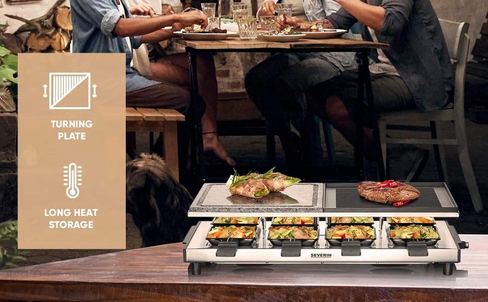 SEVERIN - Gril raclette 1500W, pierre cuisson, 8 poêlons, RG 2373