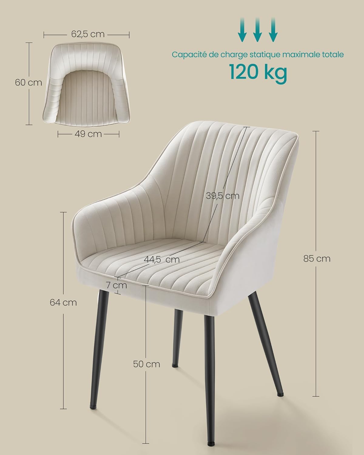 SONGMICS - fauteuil salle à manger velours, accoudoirs, métal, 120kg, LDC087W01