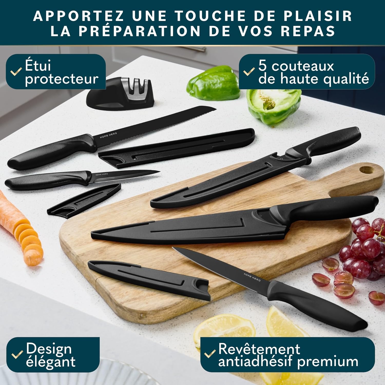 Home Hero - Ensemble couteaux 11pcs avec étui, acier inox, aiguiseur