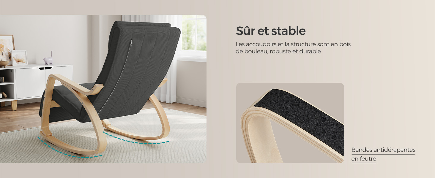 Un fauteuil à bascule moderne avec un cadre en bois incurvé et un revêtement gris foncé. Le texte met en évidence sa caractéristique de stabilité.
