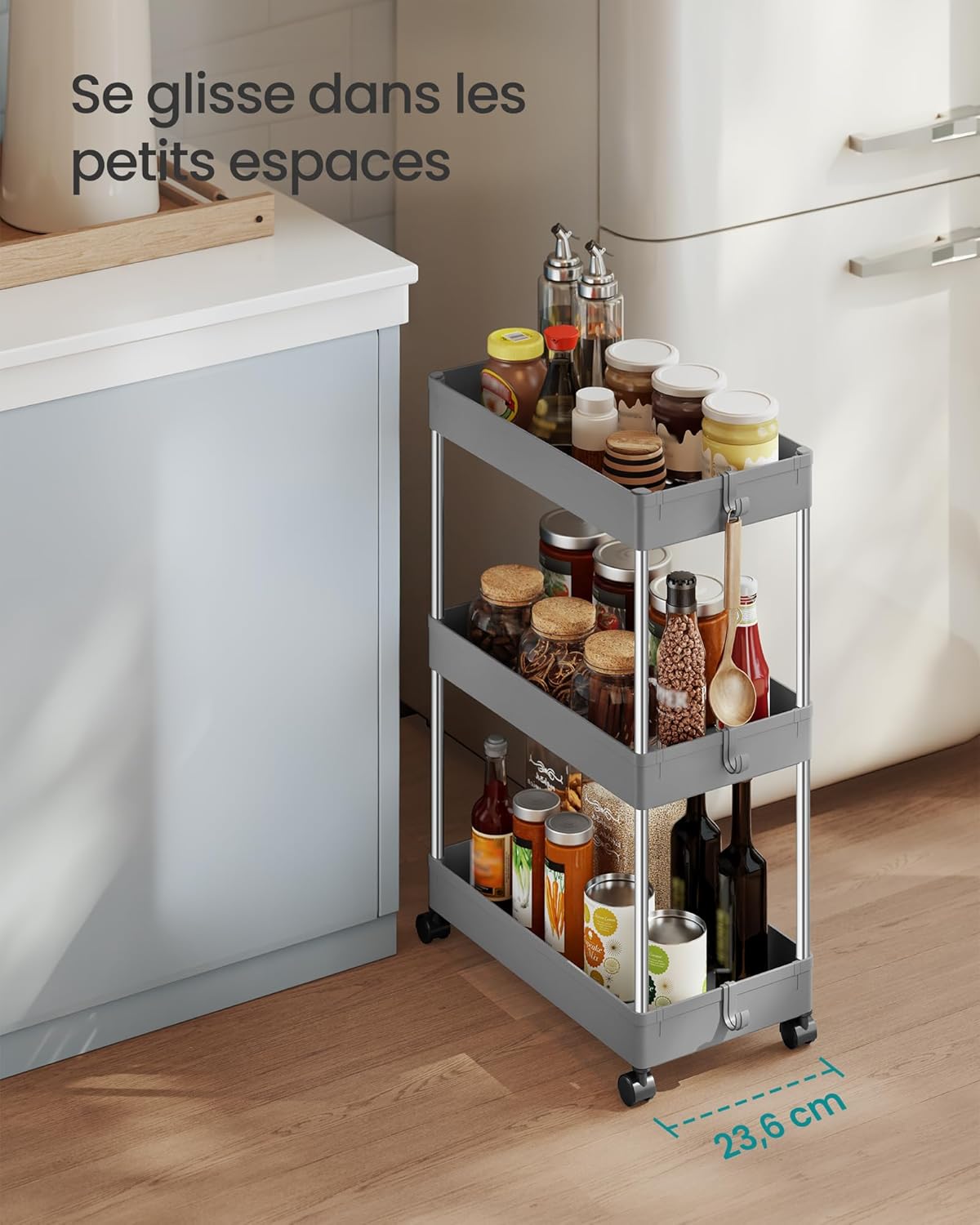 SONGMICS - Chariot cuisine 3 niveaux, acier, 23,6x42x60,6cm, 6 crochets, KSC009G01