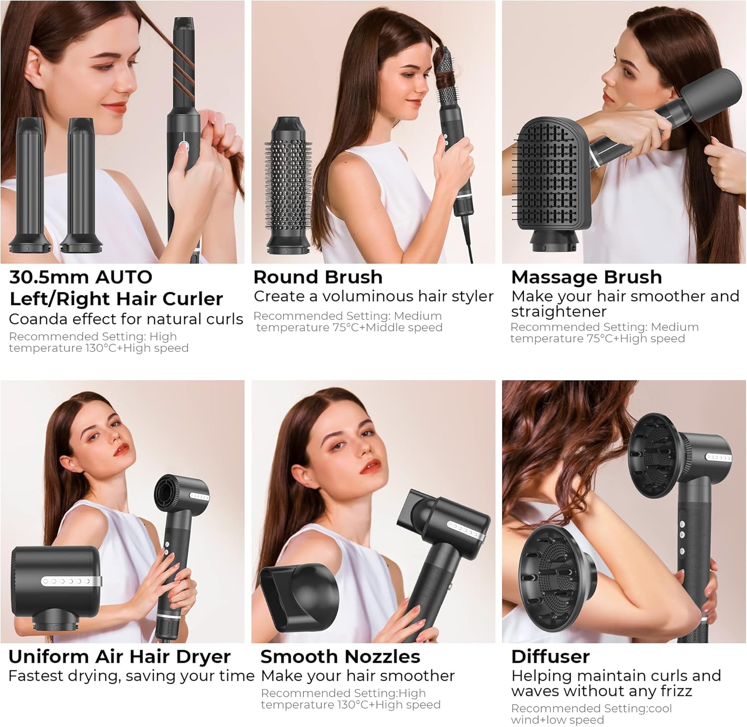 Brosse soufflante 7 en 1 - 10000 TR/MIN - 200M ions - diffuseur bouclés