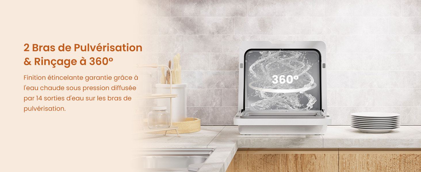 montrant deux bras de pulvérisation pour un lavage à 360 degrés. L'image montre de la vaisselle, des verres et une représentation graphique de la circulation de l'eau à l'intérieur de l'appareil.