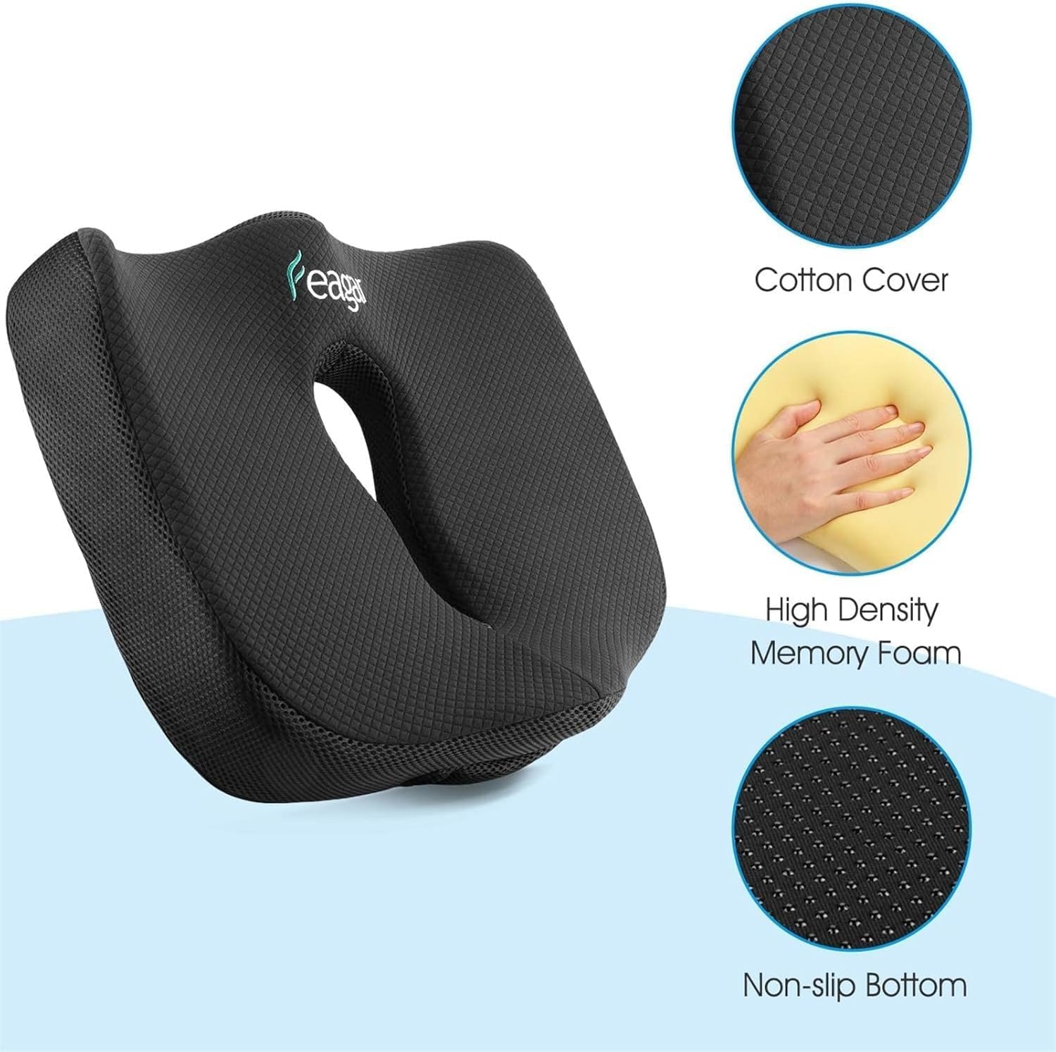 Feagar - Coussin mémoire ergonomique pour assise - noir - soutien coccyx, siège voiture, bureau, fauteuil roulant