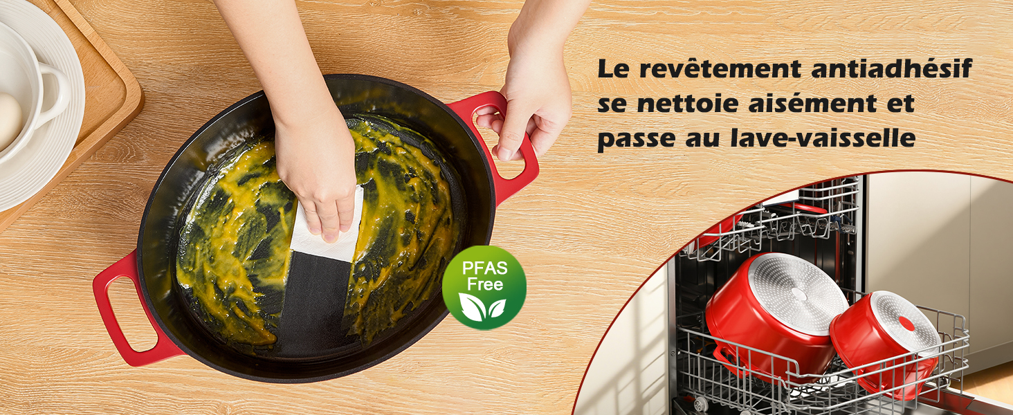 Le texte indique « Le revêtement antiadhésif ». Plusieurs photos de produits montrant un ustensile de cuisine ou un outil recouvert de silicone utilisé avec divers produits alimentaires.