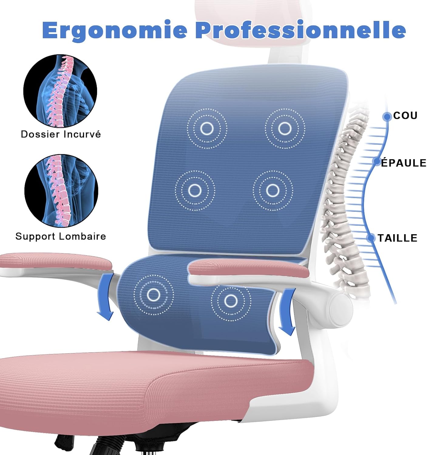 Chaise de bureau ergonomique - support lombaire réglable - appui-tête & accoudoirs ajustables - maille respirante, rose