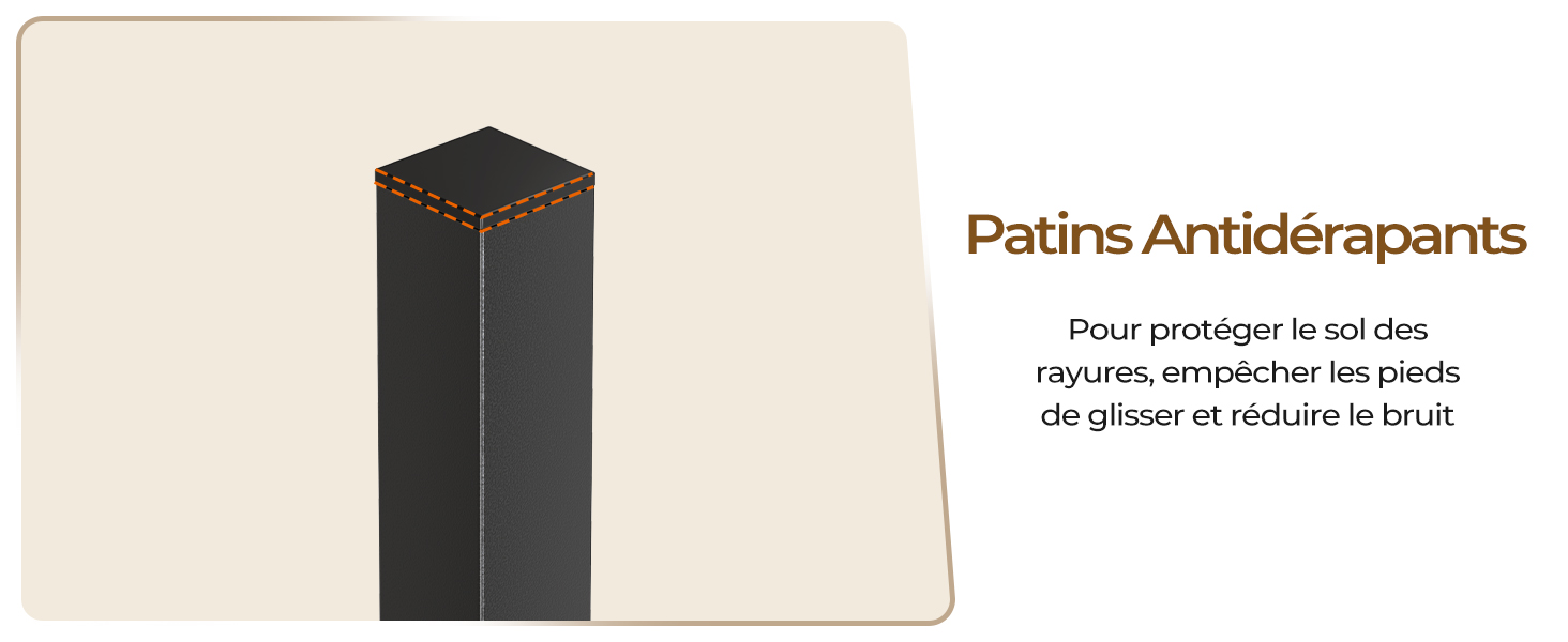 Objet rectangulaire noir étiqueté « Patins Antidérapants ». Le texte le décrit comme étant antidérapant et conçu pour empêcher le glissement et réduire