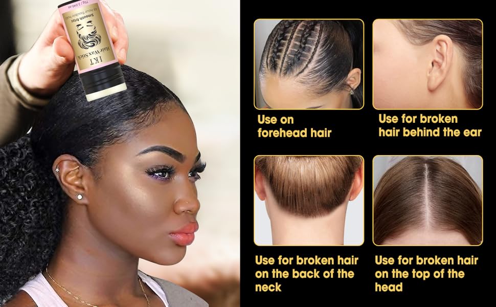 Démonstration d'un produit de soin capillaire montrant les méthodes d'application avec le texte « À utiliser sur les cheveux du front », « À utiliser pour les cheveux cassés derrière l'oreille », « À utiliser pour les cheveux cassés sur la nuque », « À utiliser pour les cheveux cassés sur le dessus de la tête ».