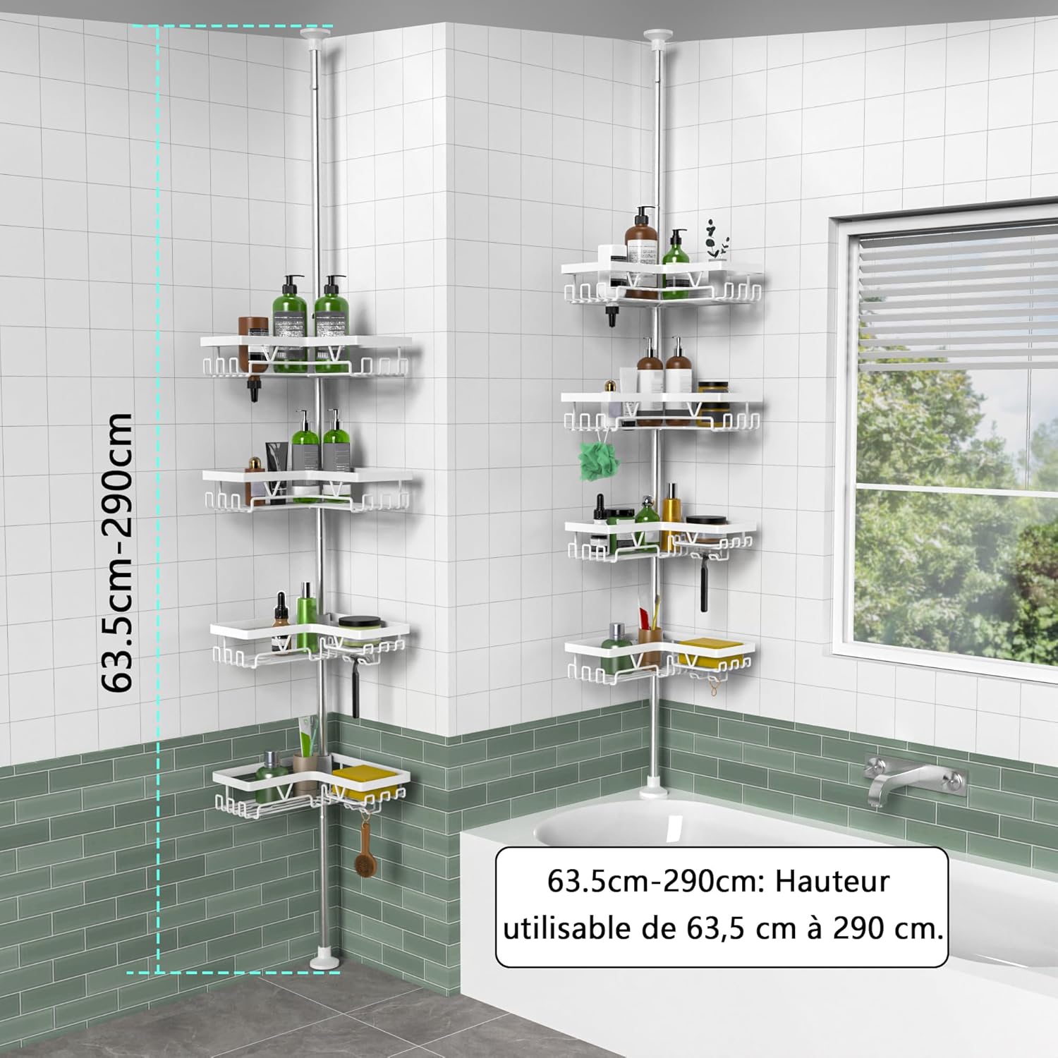 KEGII - étagère de douche 4 niveaux, largeur 63,5-290 cm, blanc brillant, télescopique, sans perçage, rangement avec pan