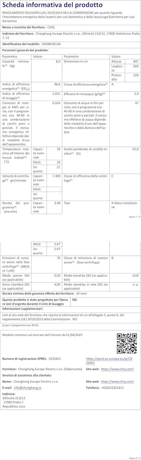 CHiQ - Lave-linge 8kg, écran LED tactile, vapeur, 1400tr/min, CW086581AX