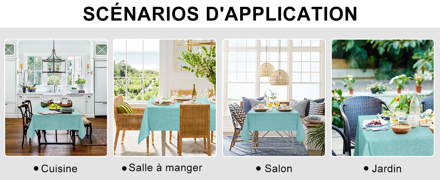 Image à quatre panneaux présentant des nappes bleues dans différents décors : cuisine, salle à manger, salon et jardin. Démontre l'utilisation polyvalente du produit dans divers environnements domestiques.