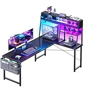 Coleshome Bureau Gaming Angle avec LED, 130 × 100 cm Bureau Gaming Réversible avec Étagère Multin...