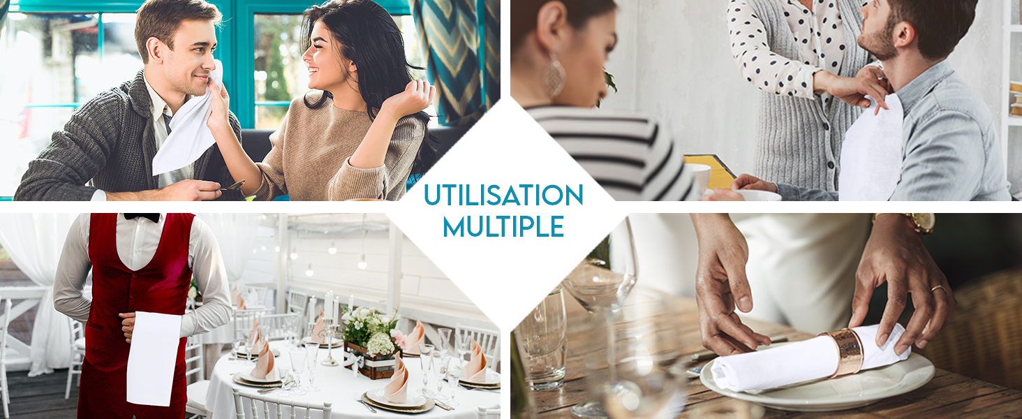 Collage de quatre images montrant des personnes dans différents environnements, y compris des scénarios de restauration et de bureau. Le texte indique « UTILISATION MULTIPLE »