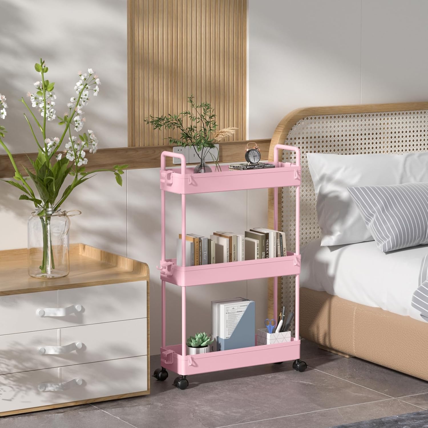 SOLEJAZZ - chariot de rangement 3 niveaux, plastique, cuisine/bain, rose